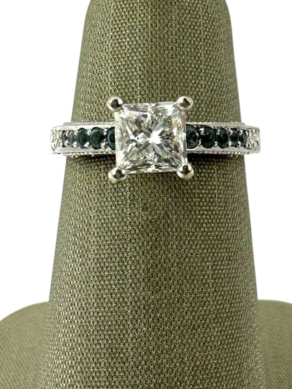 GIA Cert. 14k White Gold, Square/Princess Cut Diamond & Blue Stones Ring (7218)
